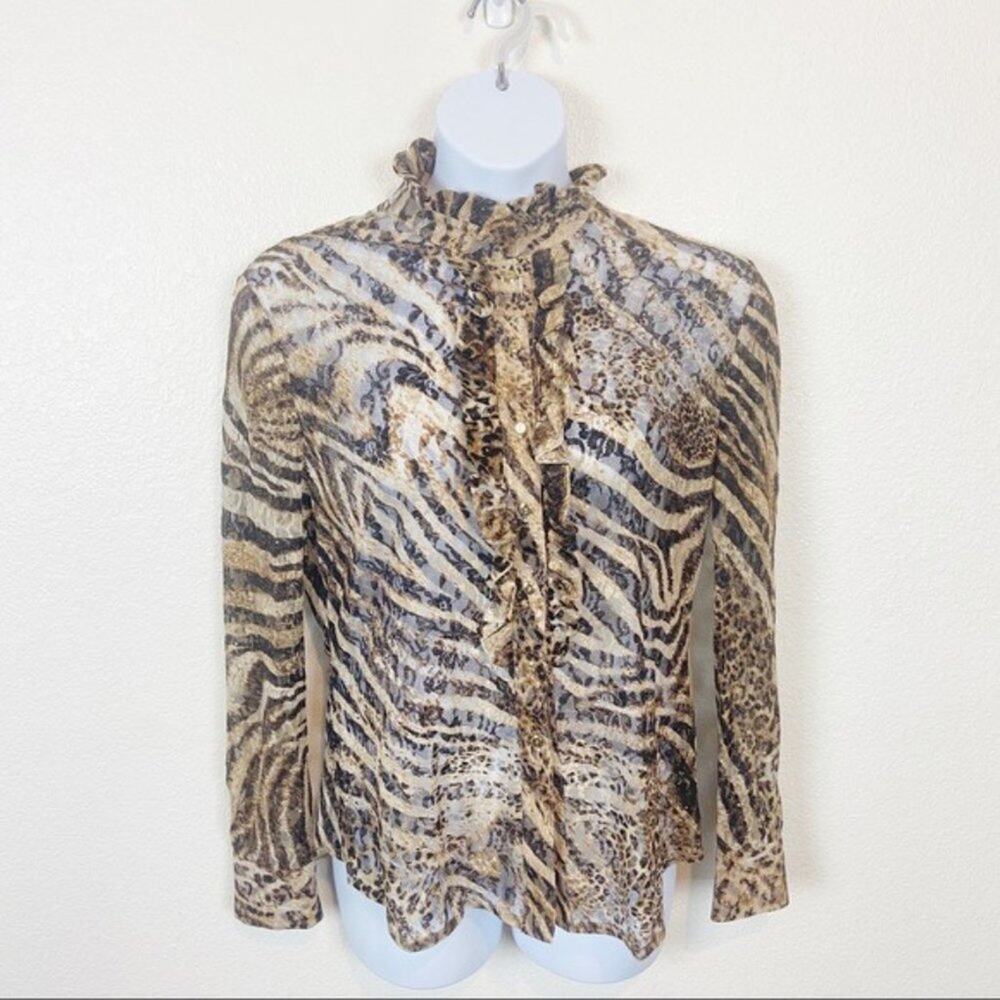 St. John Sheer Blouse Tiger Stripe Mesh Lace Ruffle Neck Victorian Glam